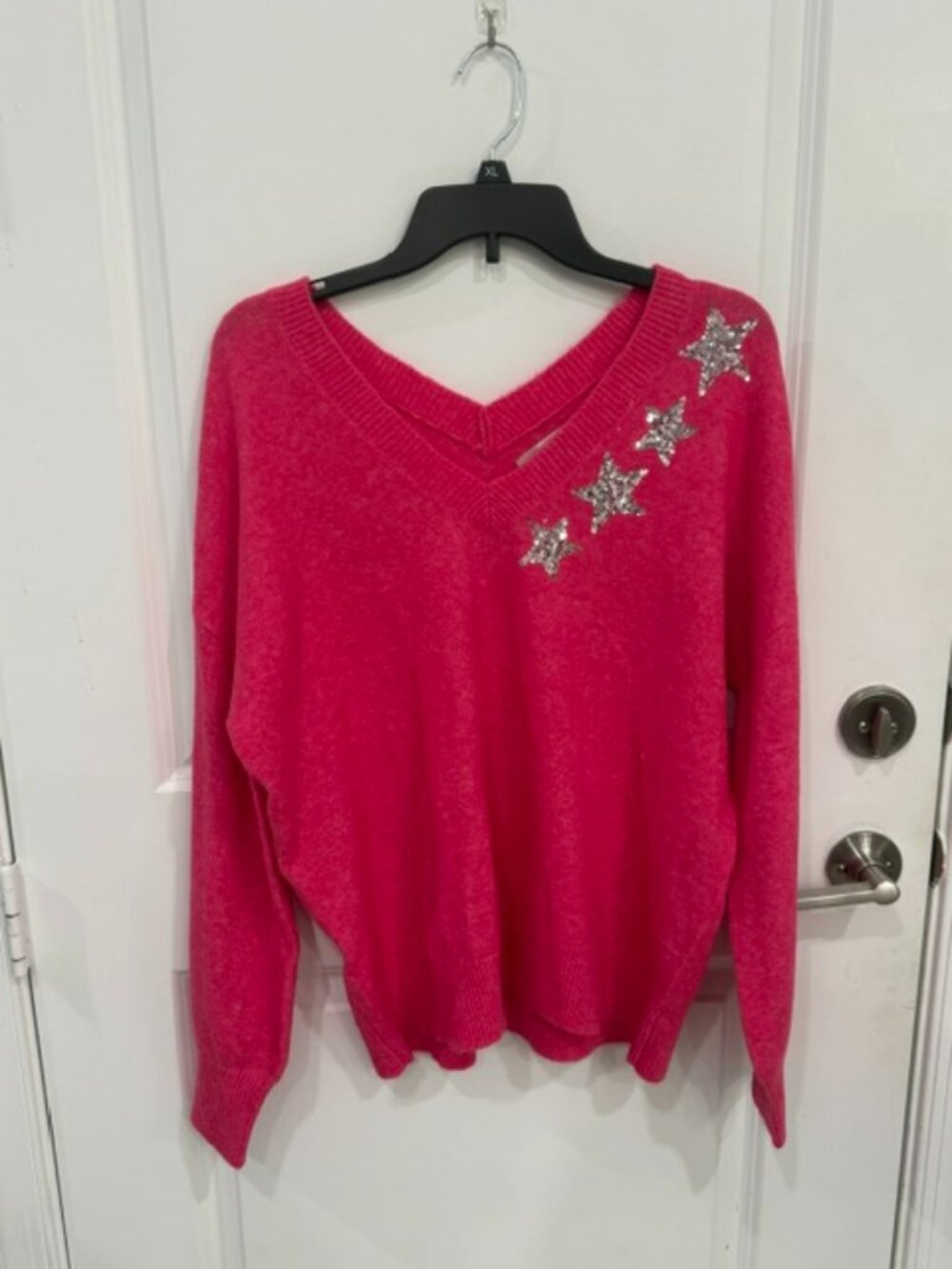 LOFT Hot Pink V-Neck Sweater with Silver Sequin Stars